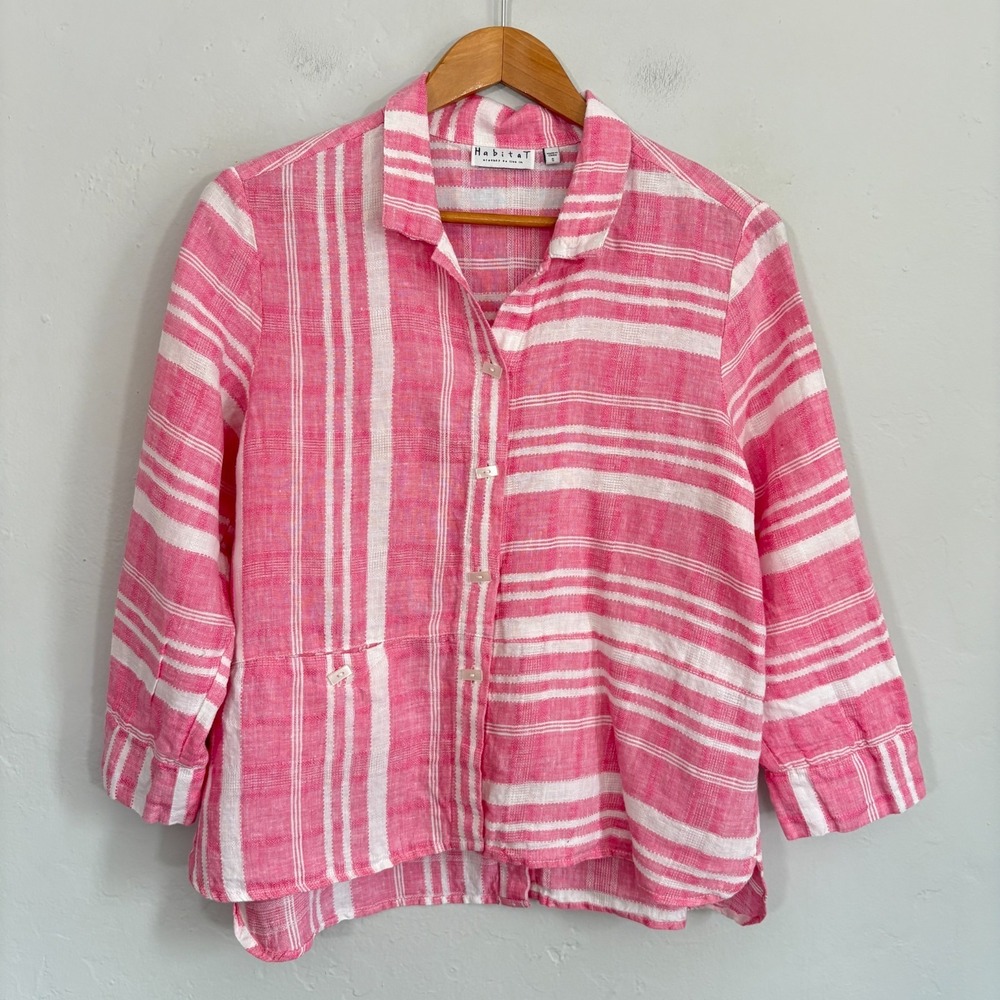 Habitat Linen Tunic Top Women Size Small Pink White Button Down